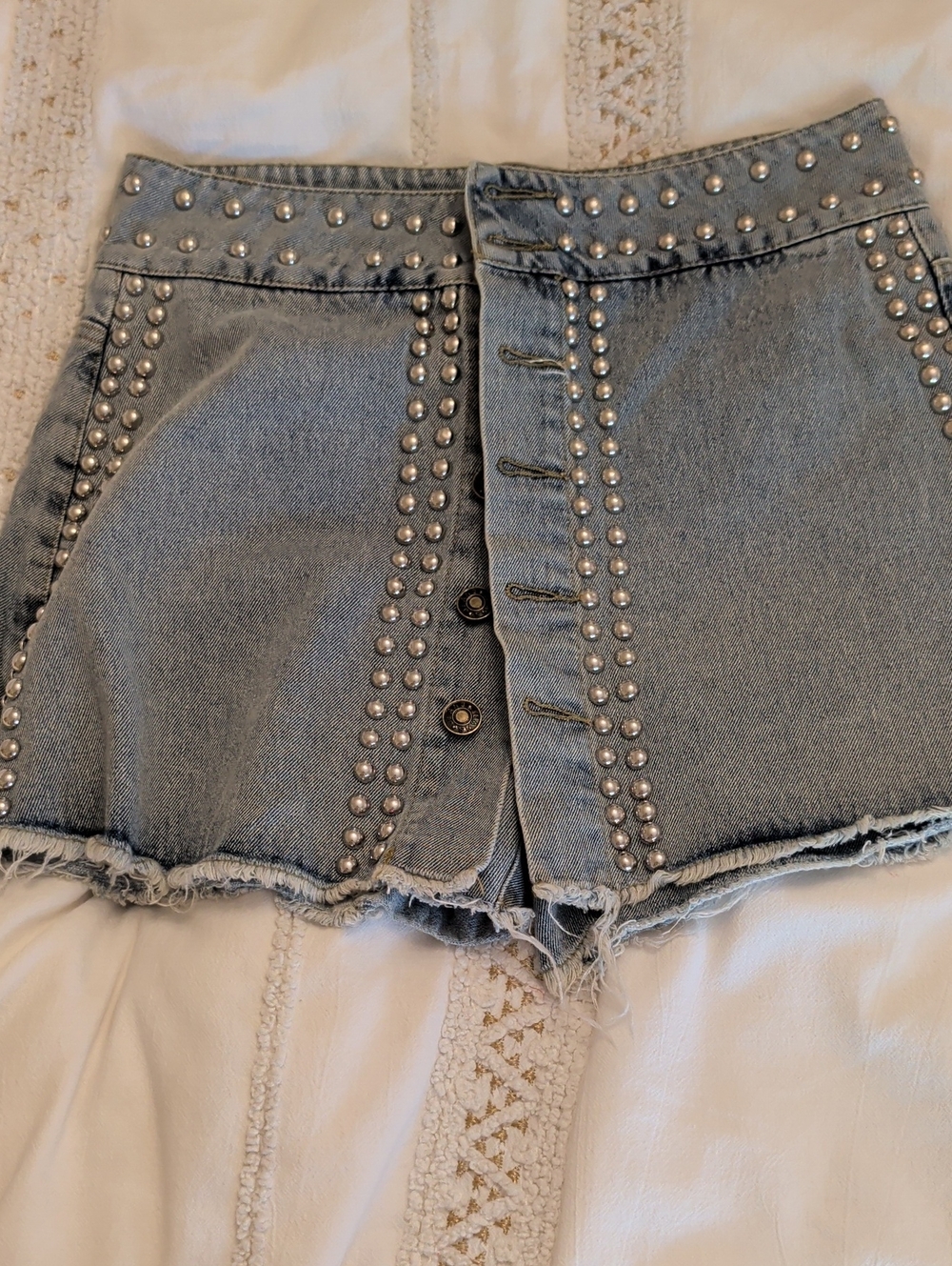 Silver Studded Light Wash Denim Shorts - Women's